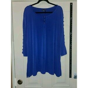 Alisha D Silver Ring Sleeve Blouse, Round Neck W/ Silver Ring Royal Blue Sz XL